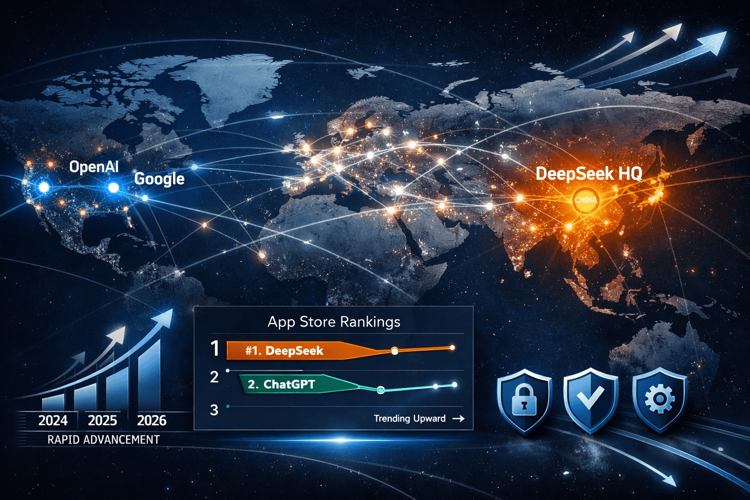 Landscape format (1536x1024) global AI competition landscape visualization. World map with glowing nodes representing major AI labs: China (