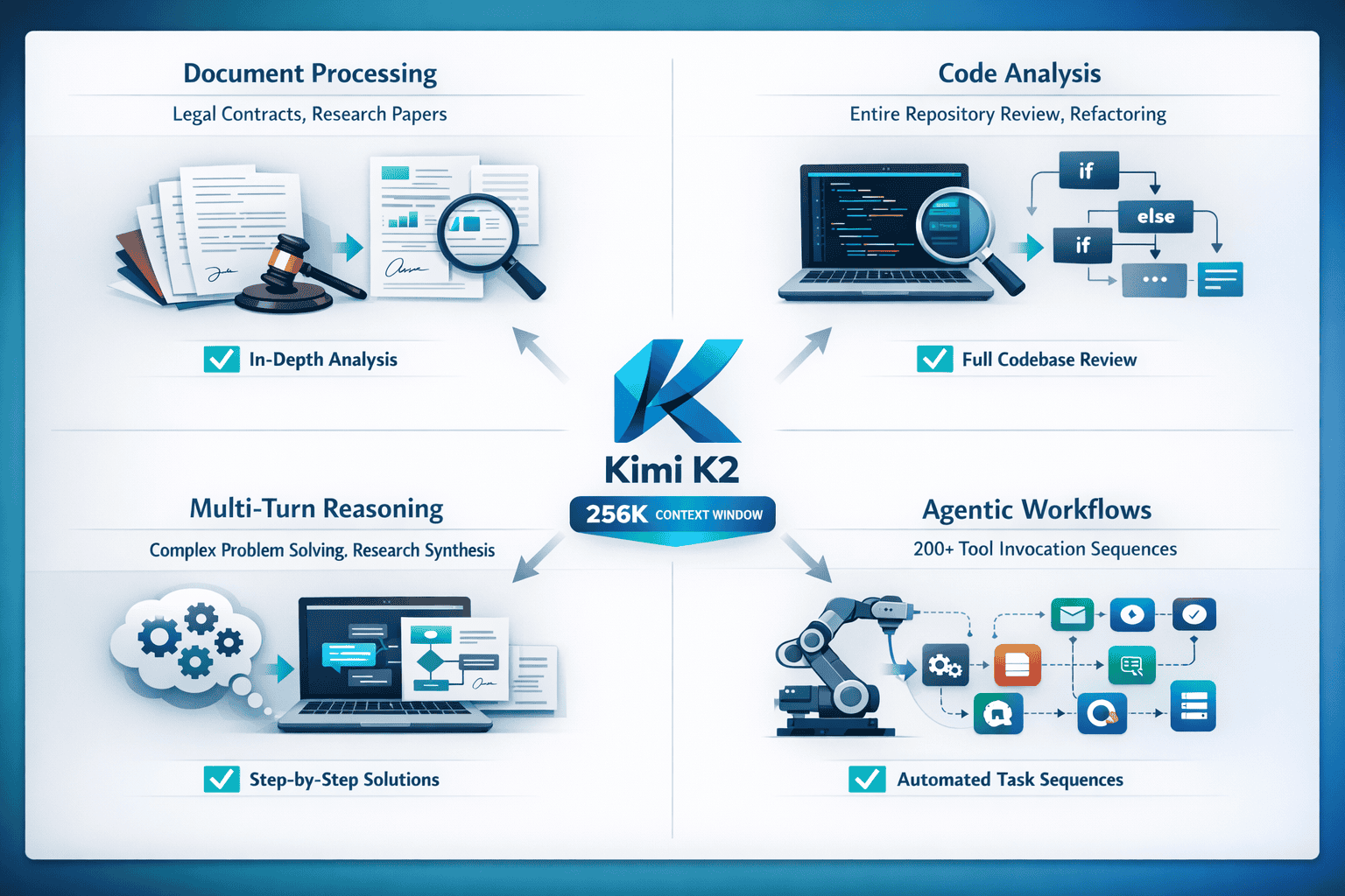 Landscape format (1536x1024) use case matrix showing optimal applications for extended context windows. Grid layout displaying four quadrant