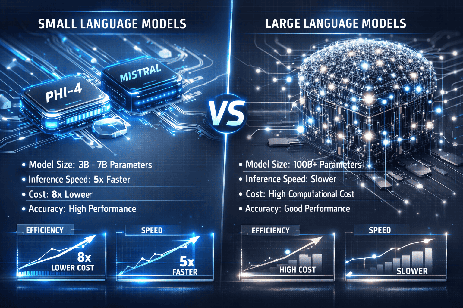 Futuristic editorial illustration comparing performance metrics of Phi-4 and Mistral small language models against traditional large languag