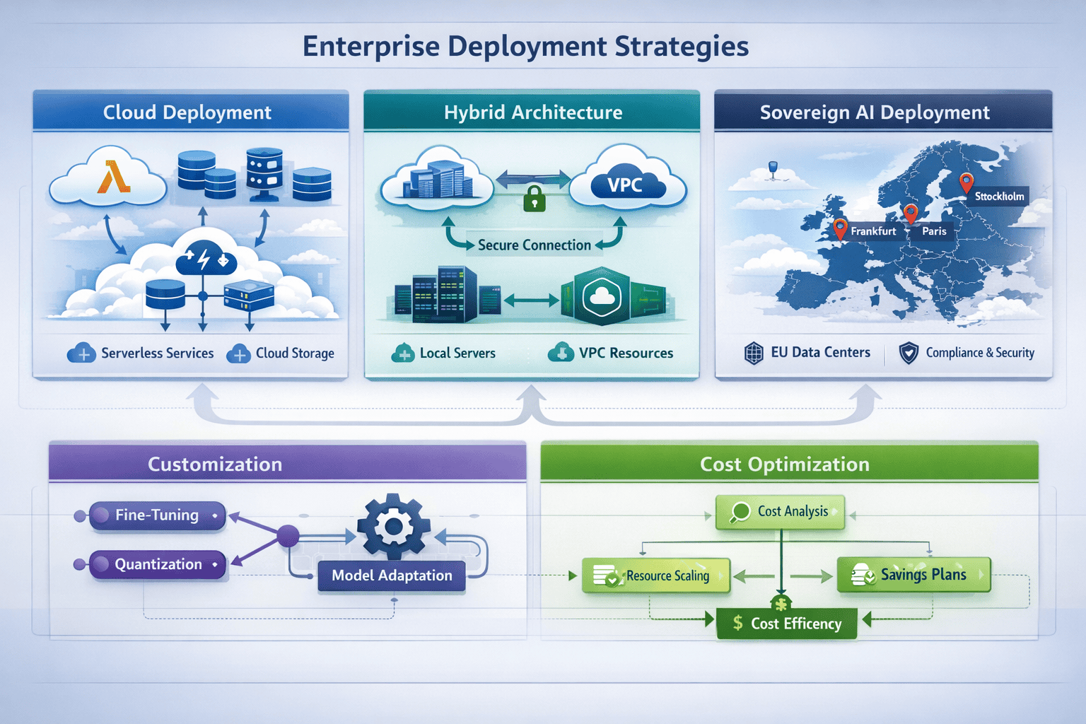 Landscape format (1536x1024) enterprise deployment strategy map showing three distinct pathways: cloud deployment with serverless icons, hyb