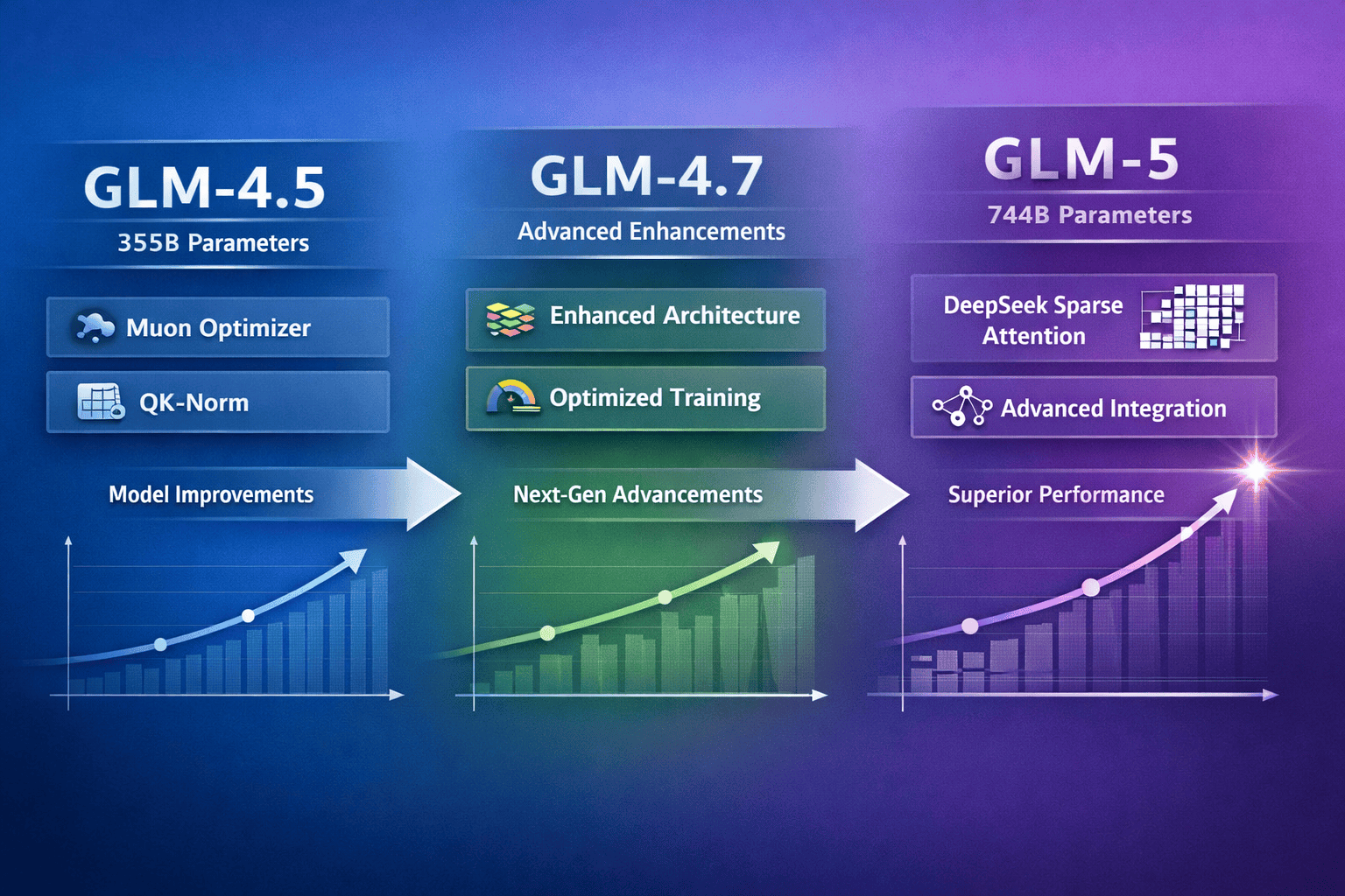 Landscape format (1536x1024) evolution timeline showing GLM-4.5 (355B parameters) progressing to GLM-4.7 improvements and culminating in GLM