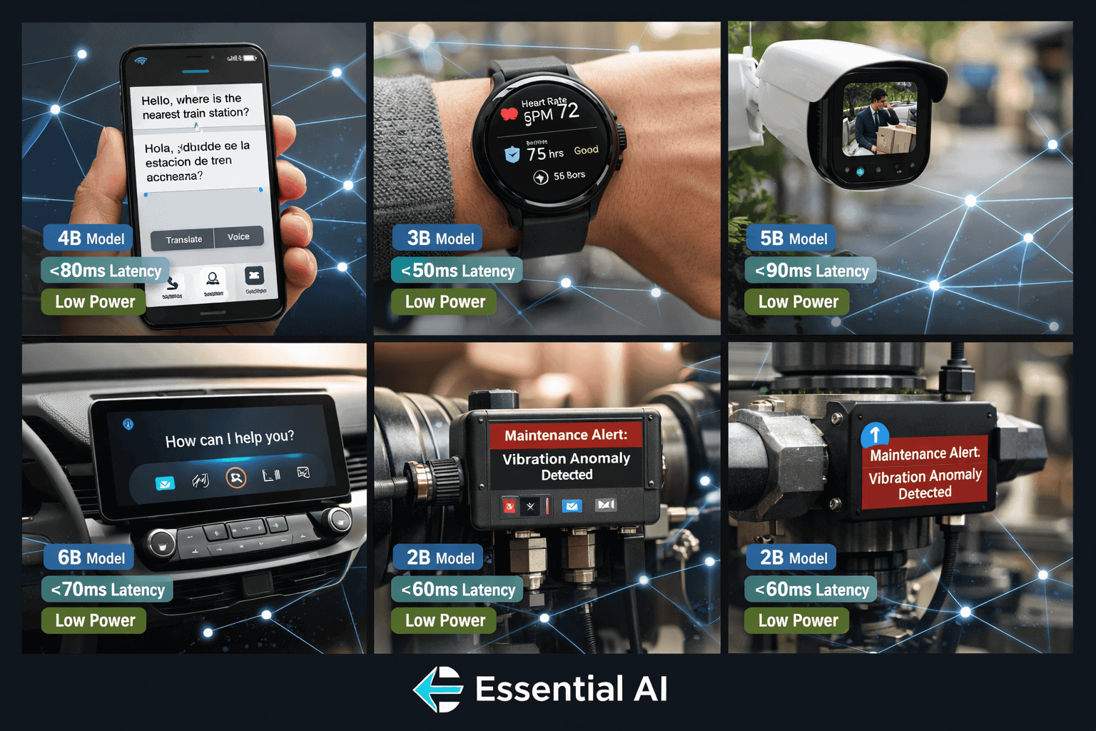 Landscape format (1536x1024) real-world deployment scenario collage: smartphone running offline translation app with compressed LLM, smartwa