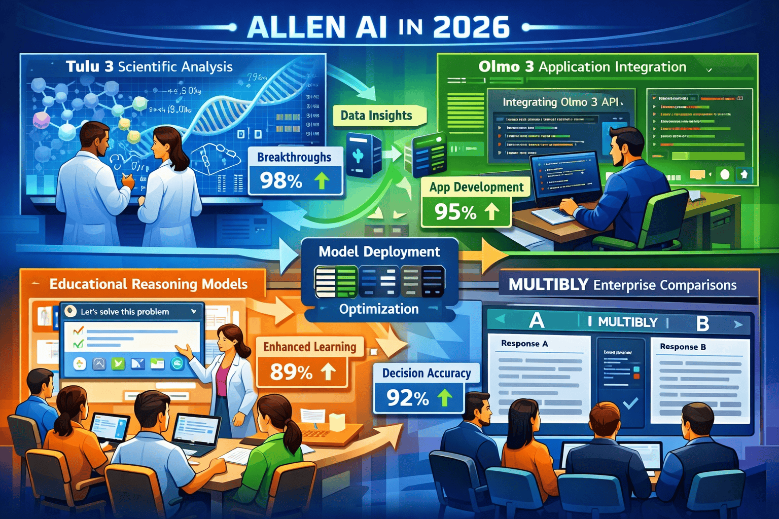 Landscape format (1536x1024) futuristic concept illustration showing practical applications of Allen AI models in 2026. Feature multiple use