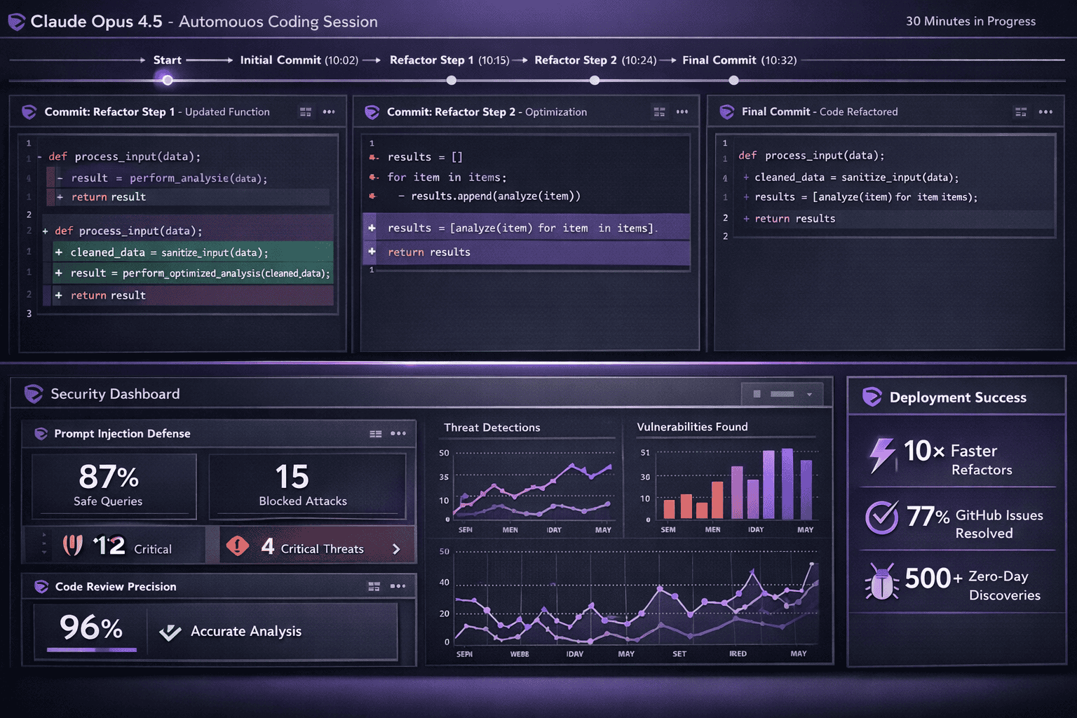 Landscape format (1536x1024) real-world enterprise deployment scenario showing Claude Opus 4.5 in production environment. Split composition: