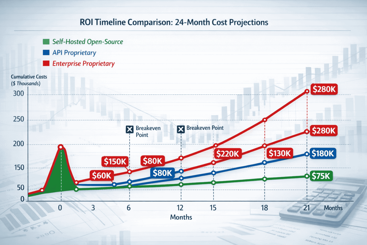 Landscape format (1536x1024) ROI timeline comparison chart showing 24-month cost projection curves for three deployment scenarios. X-axis sh