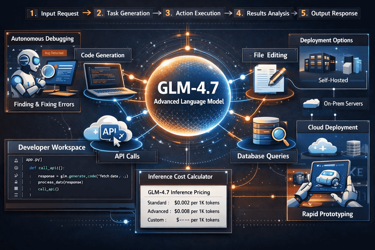 Practical landscape format (1536x1024) workflow visualization showing agentic AI implementation with GLM-4.7, central hub representing the m