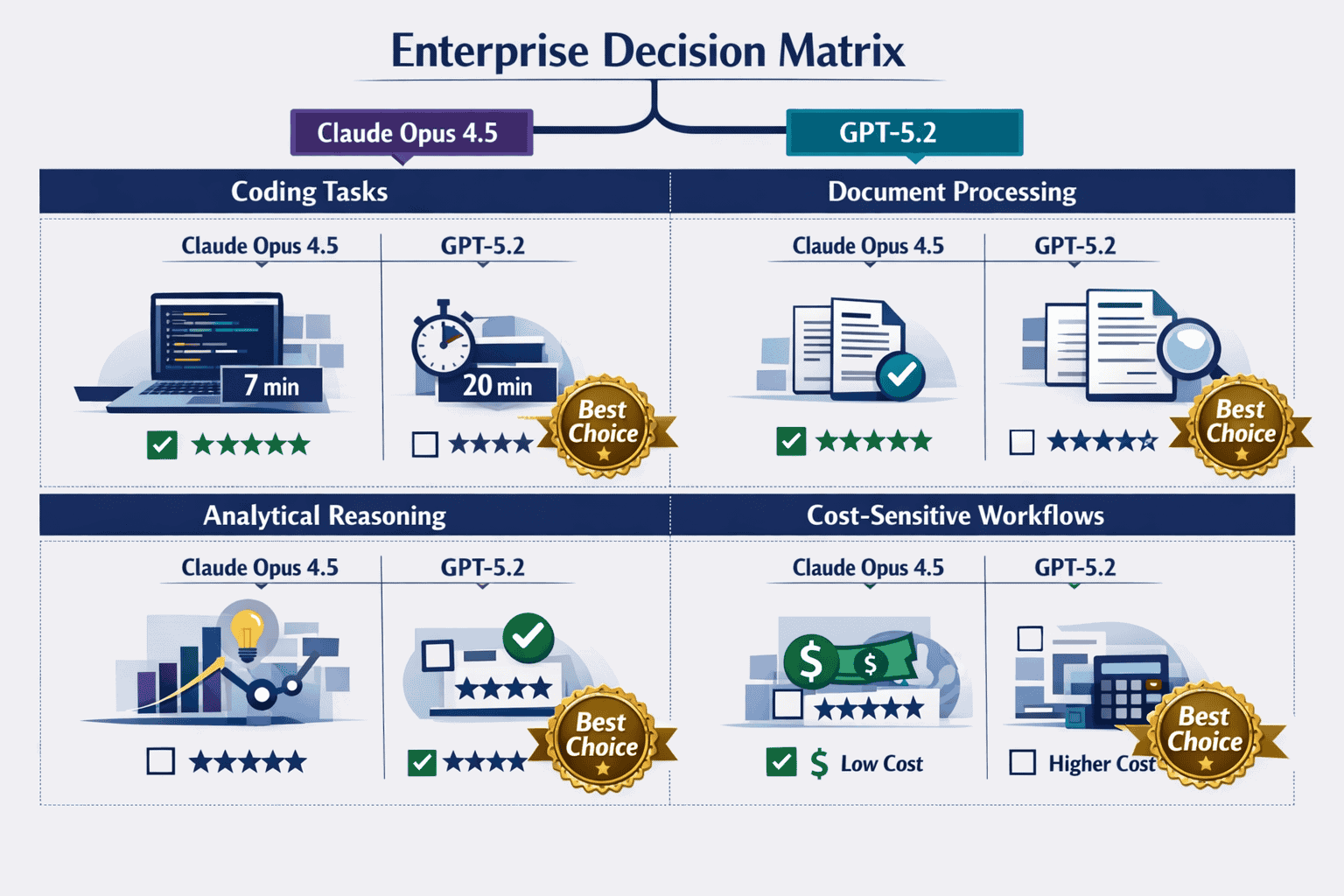 Landscape format (1536x1024) enterprise decision matrix showing use case recommendations for Claude Opus 4.5 versus GPT-5.2 across different