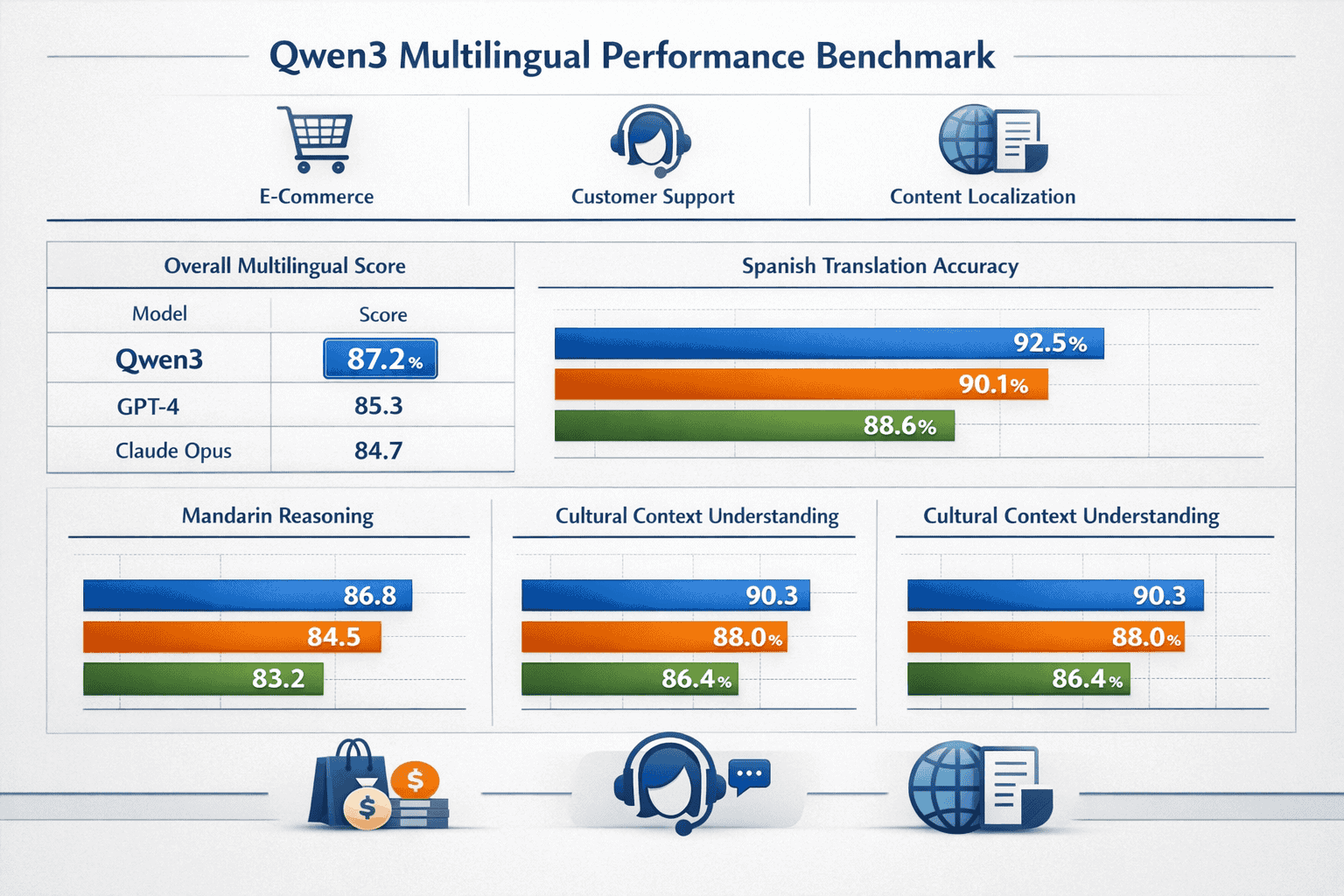 Landscape format (1536x1024) benchmark comparison table showing Qwen3 performance scores across multilingual tasks, bar graphs comparing Spa