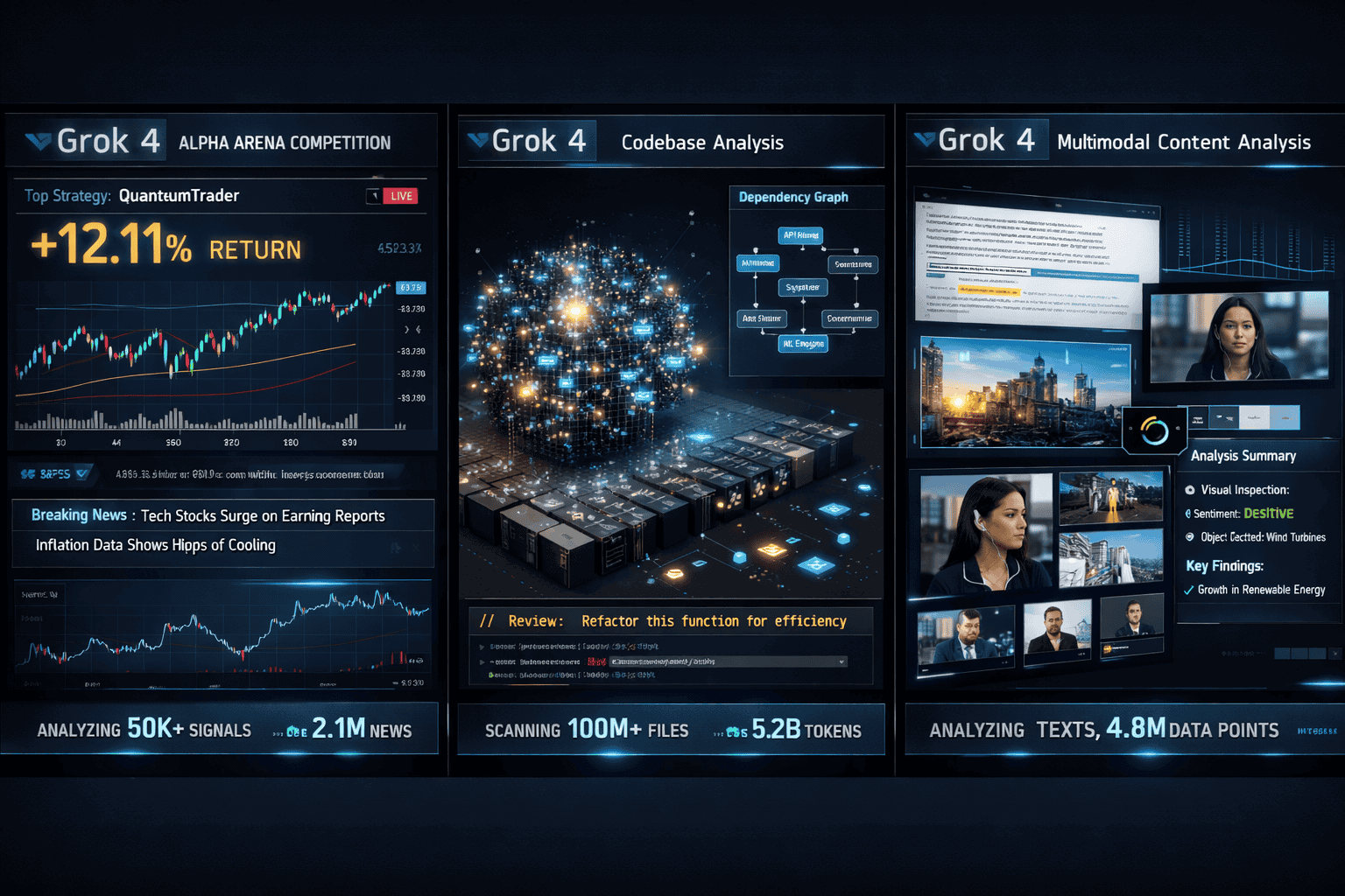 Landscape format (1536x1024) real-world application showcase displaying three use case scenarios in triptych layout. Left panel: financial t