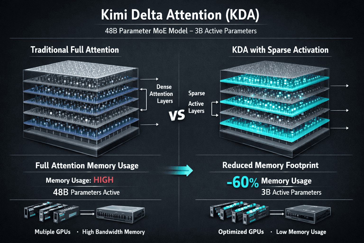 Landscape format (1536x1024) technical diagram showing Kimi Delta Attention (KDA) architecture with three-dimensional layered visualization
