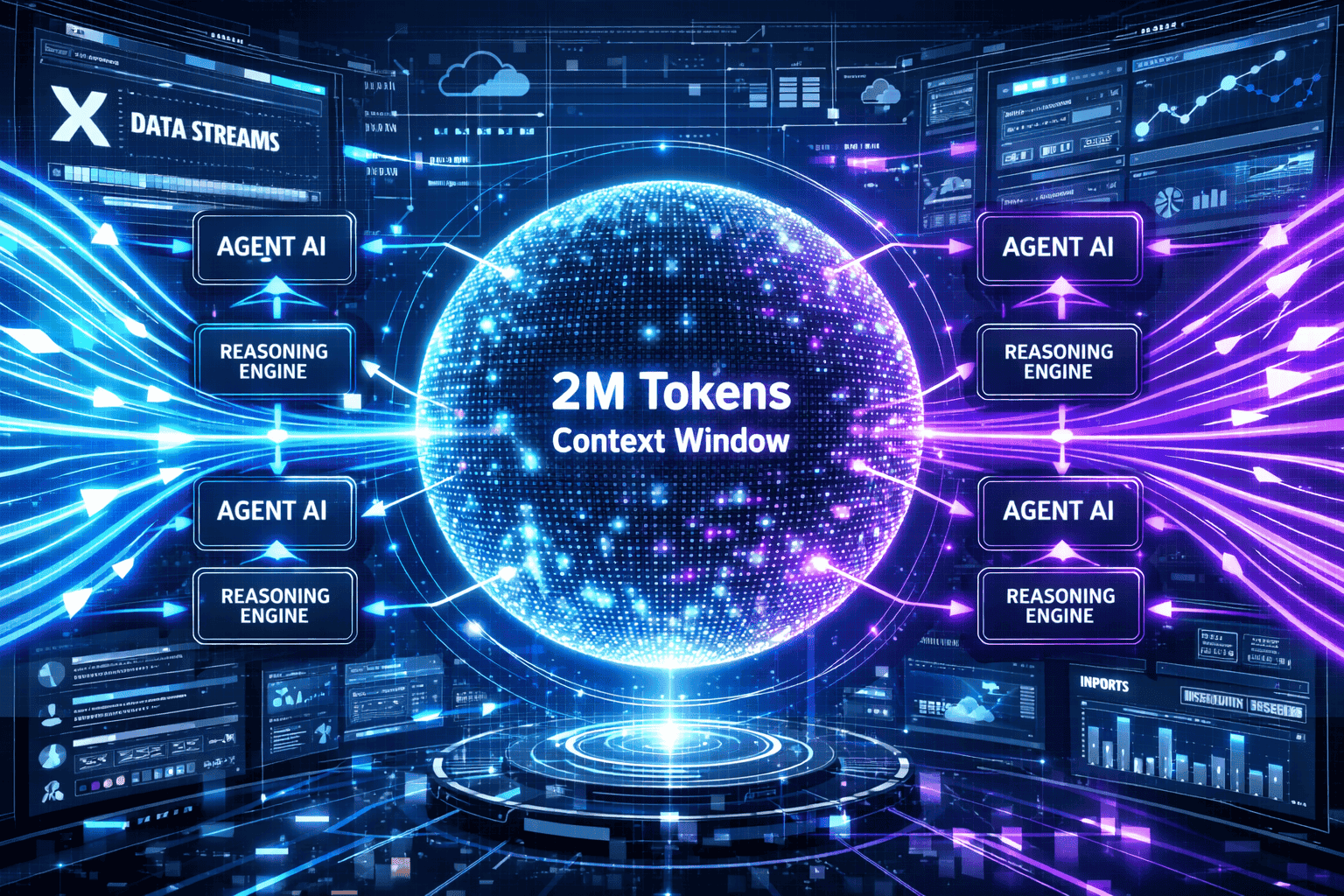 Landscape format (1536x1024) detailed visualization of real-time data processing workflow showing multiple interconnected nodes representing