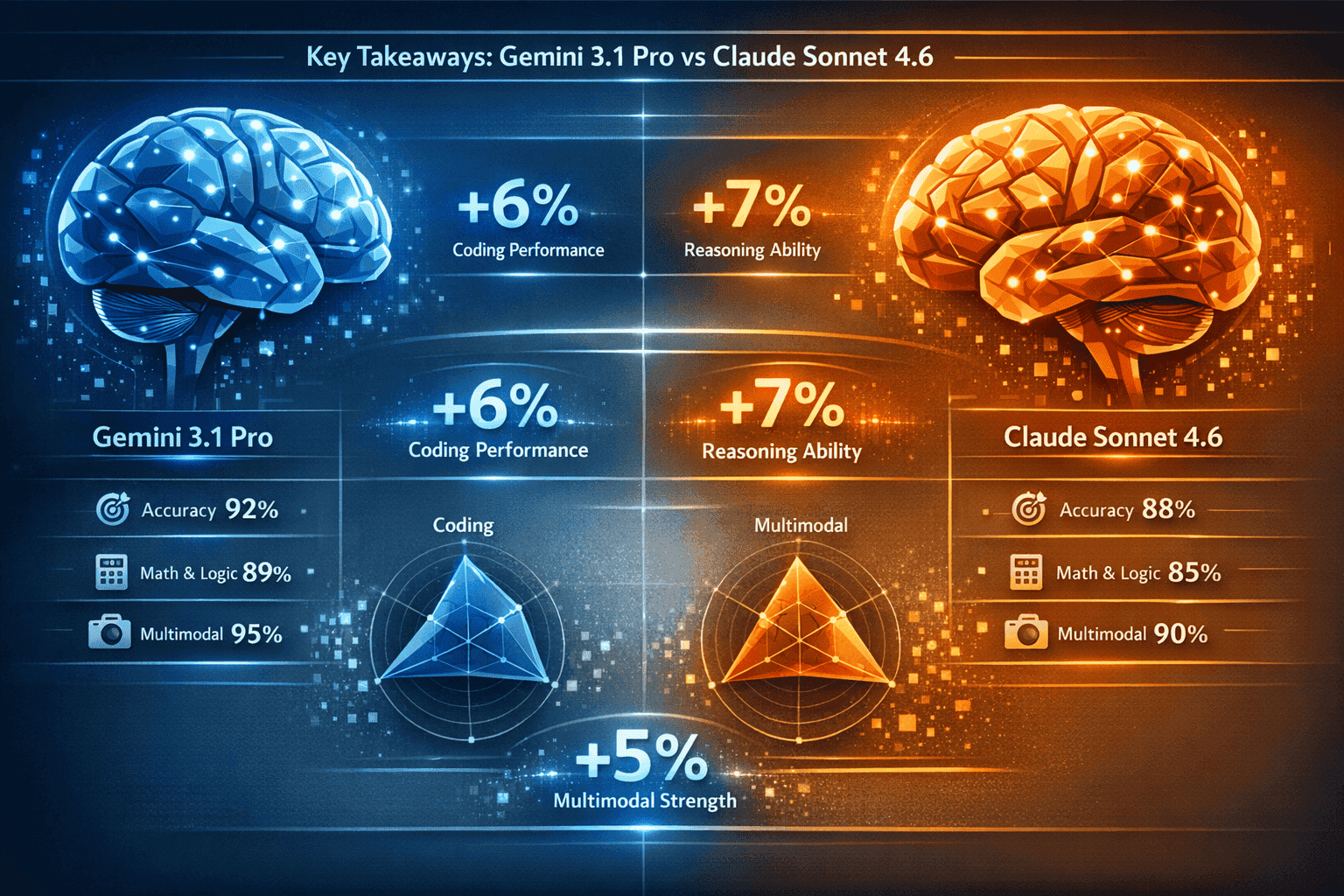 A dynamic infographic visualizing the Key Takeaways of the Gemini 3.1 Pro vs Claude Sonnet 4.6 February 2026 benchmark analysis. Split-scree