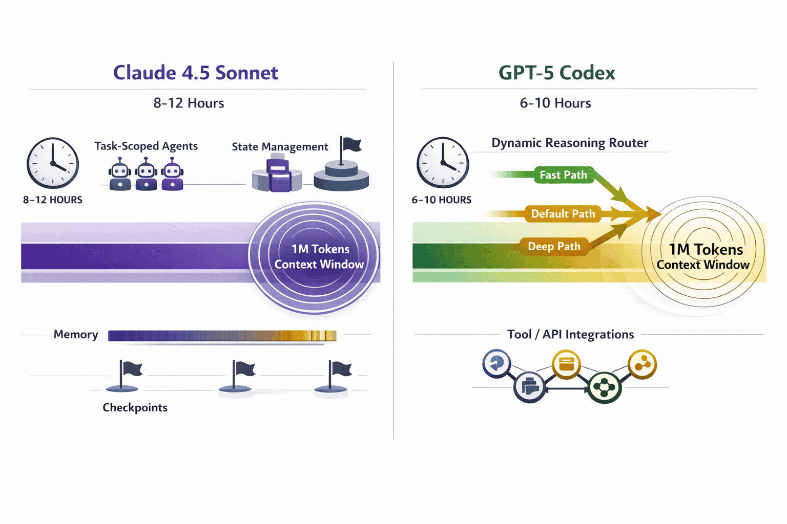 () technical comparison diagram showing two parallel timelines representing autonomous coding sessions. Left timeline