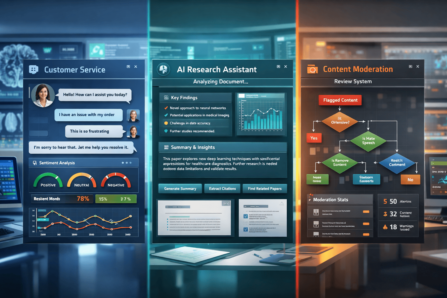 Landscape format (1536x1024) split-screen comparison showing practical AI applications across different industries, left side displaying cus