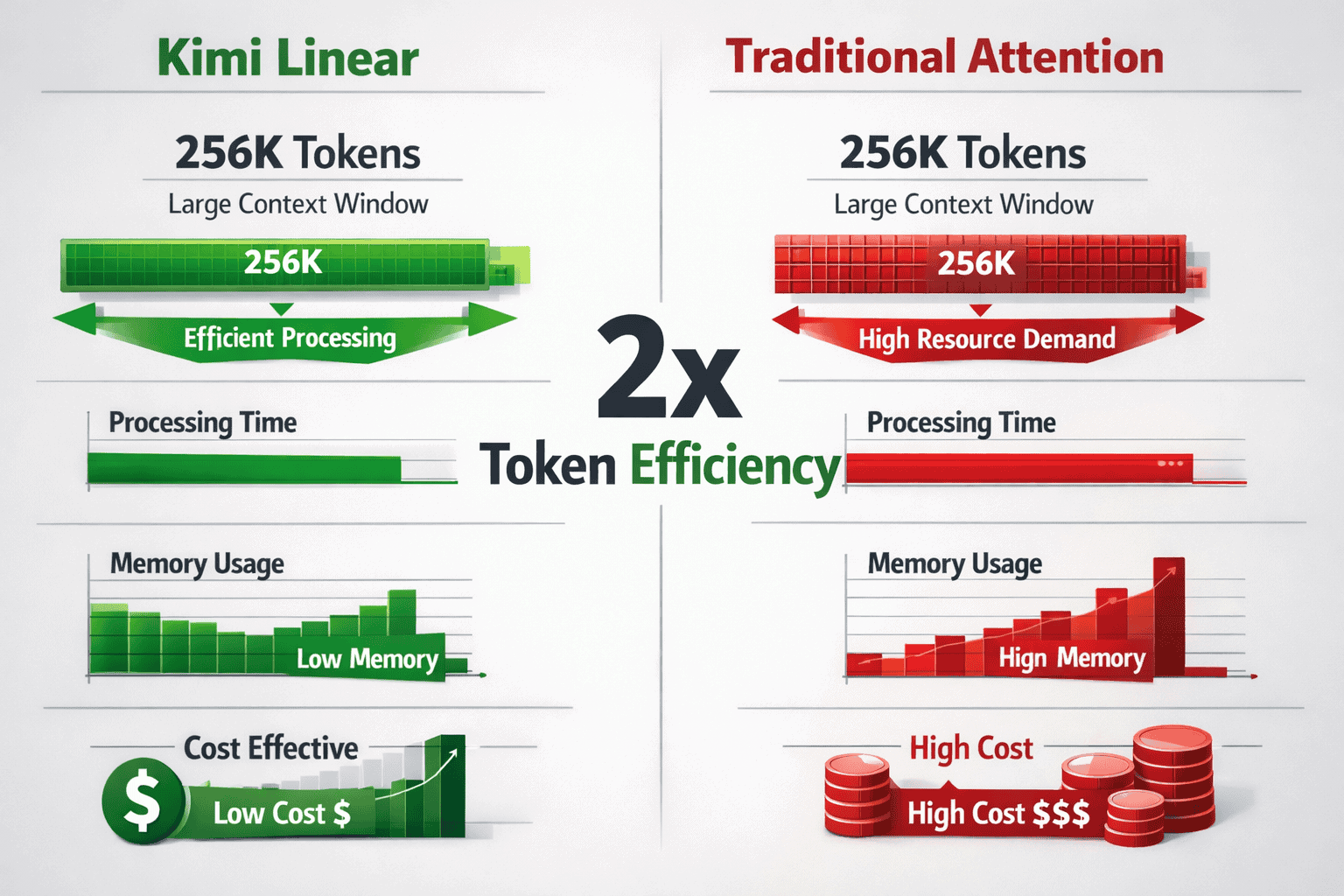Detailed landscape format (1536x1024) performance comparison infographic showing Kimi Linear vs traditional attention mechanisms. Split-scre