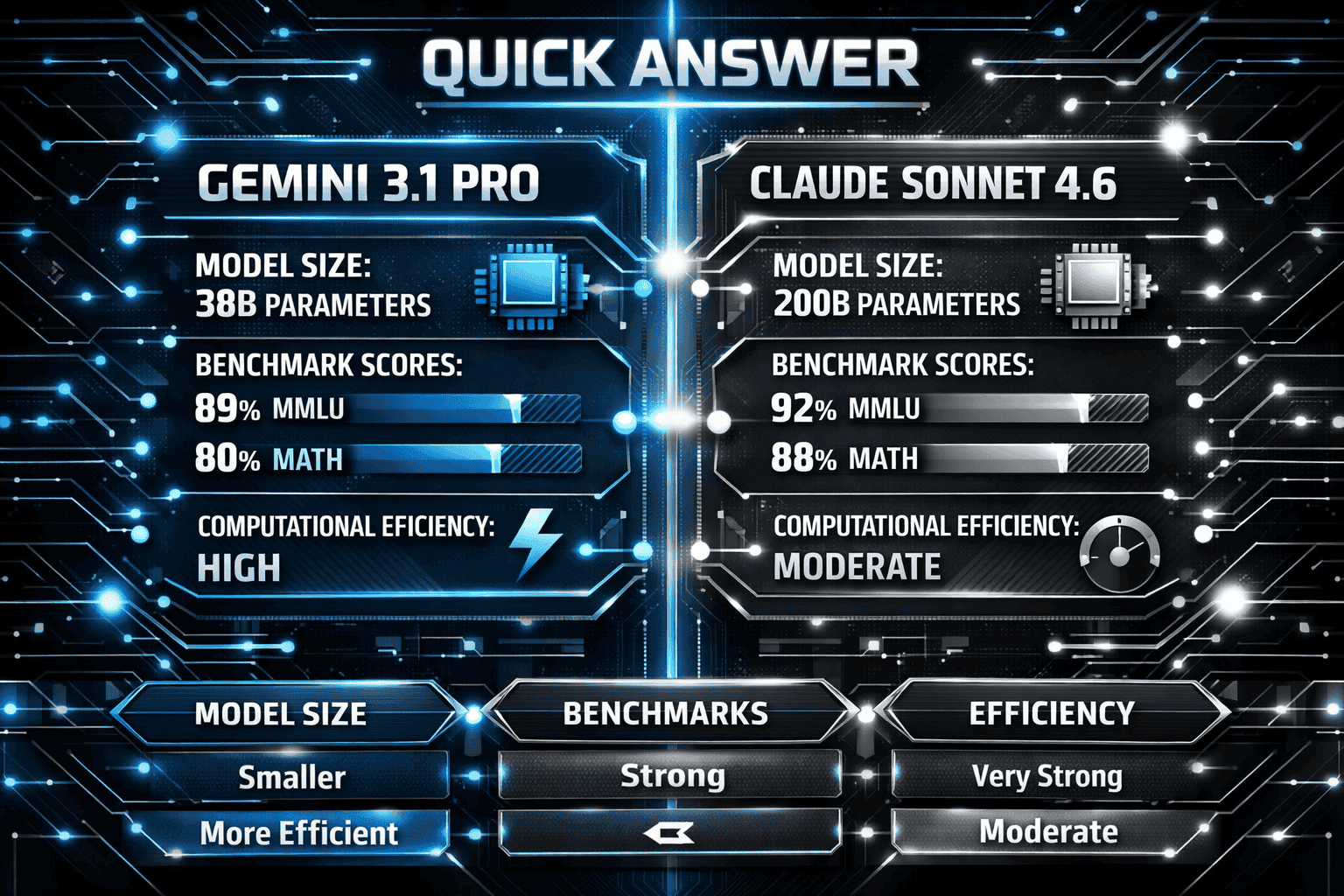 Quick Answer section visualization featuring a futuristic dashboard comparing Gemini 3.1 Pro and Claude Sonnet 4.6. Central split-screen wit