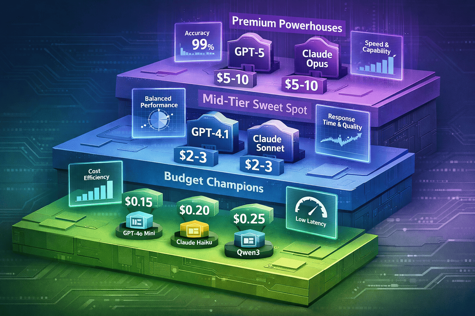 () conceptual illustration showing three distinct pricing tier zones as layered platforms or steps. Bottom tier labeled