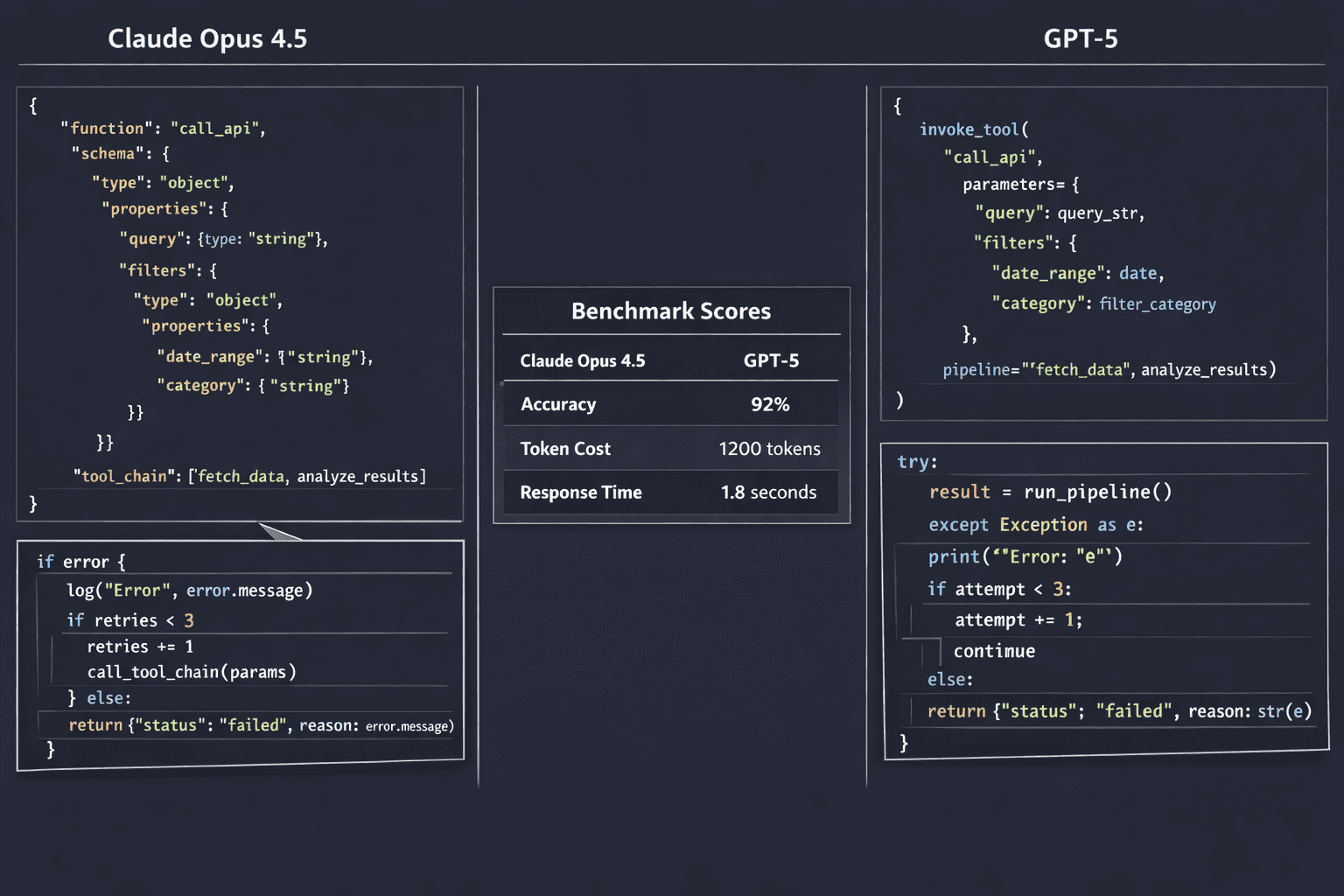 () split comparison visualization showing code editor windows side by side. Left panel: Claude Opus 4.5 function call with