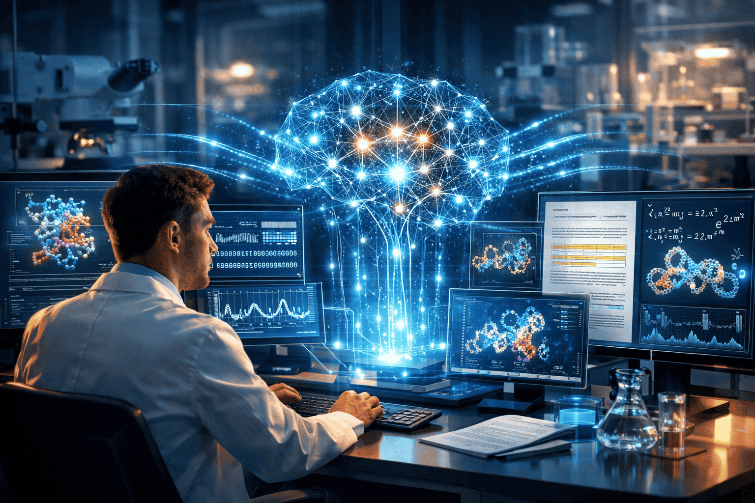 Landscape format (1536x1024) conceptual illustration of scientific discovery workflow powered by open research AI, showing researcher at mod