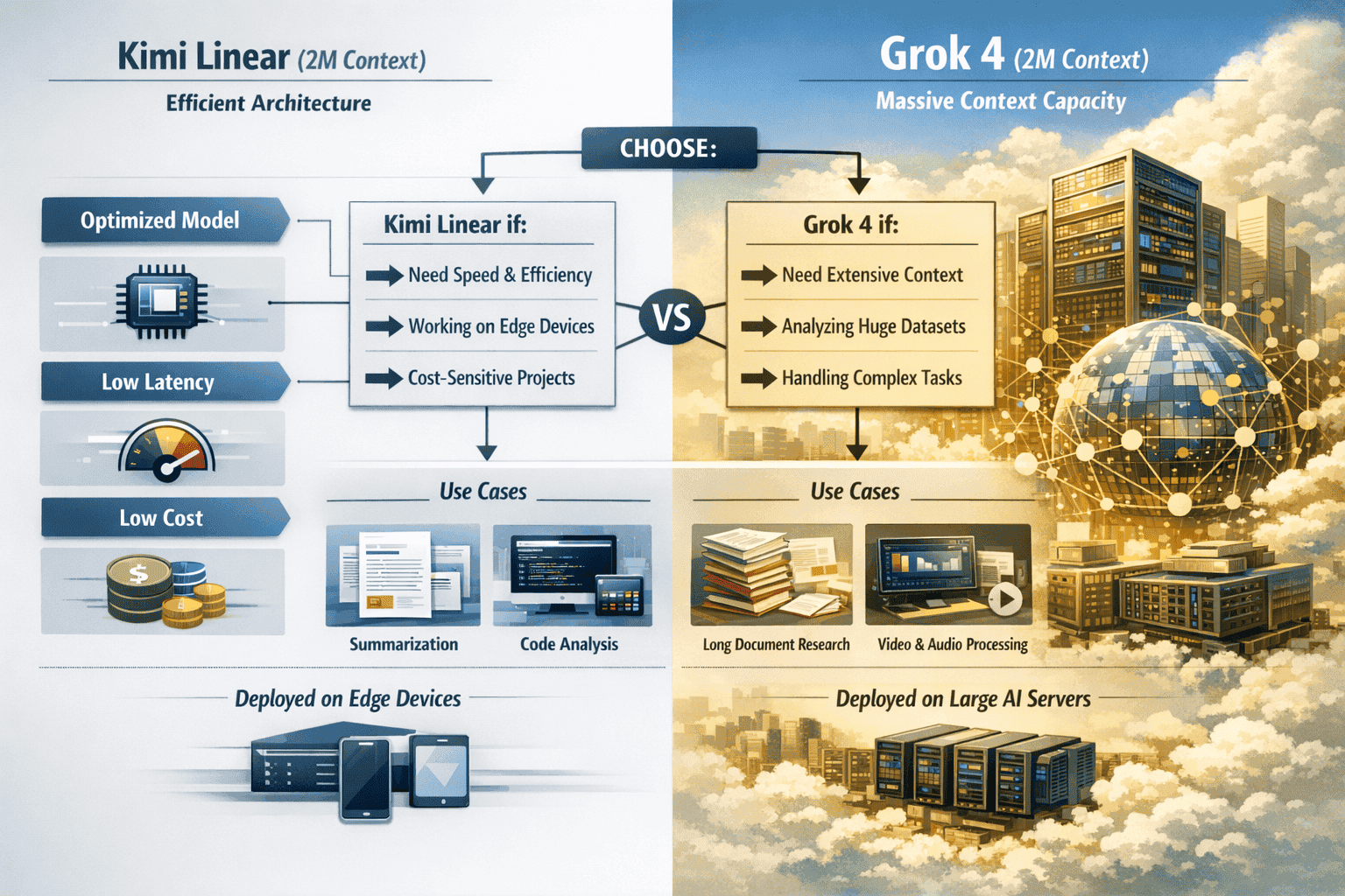 Landscape format (1536x1024) side-by-side comparison infographic of Kimi Linear versus Grok 4's 2M context window showing architectural diff