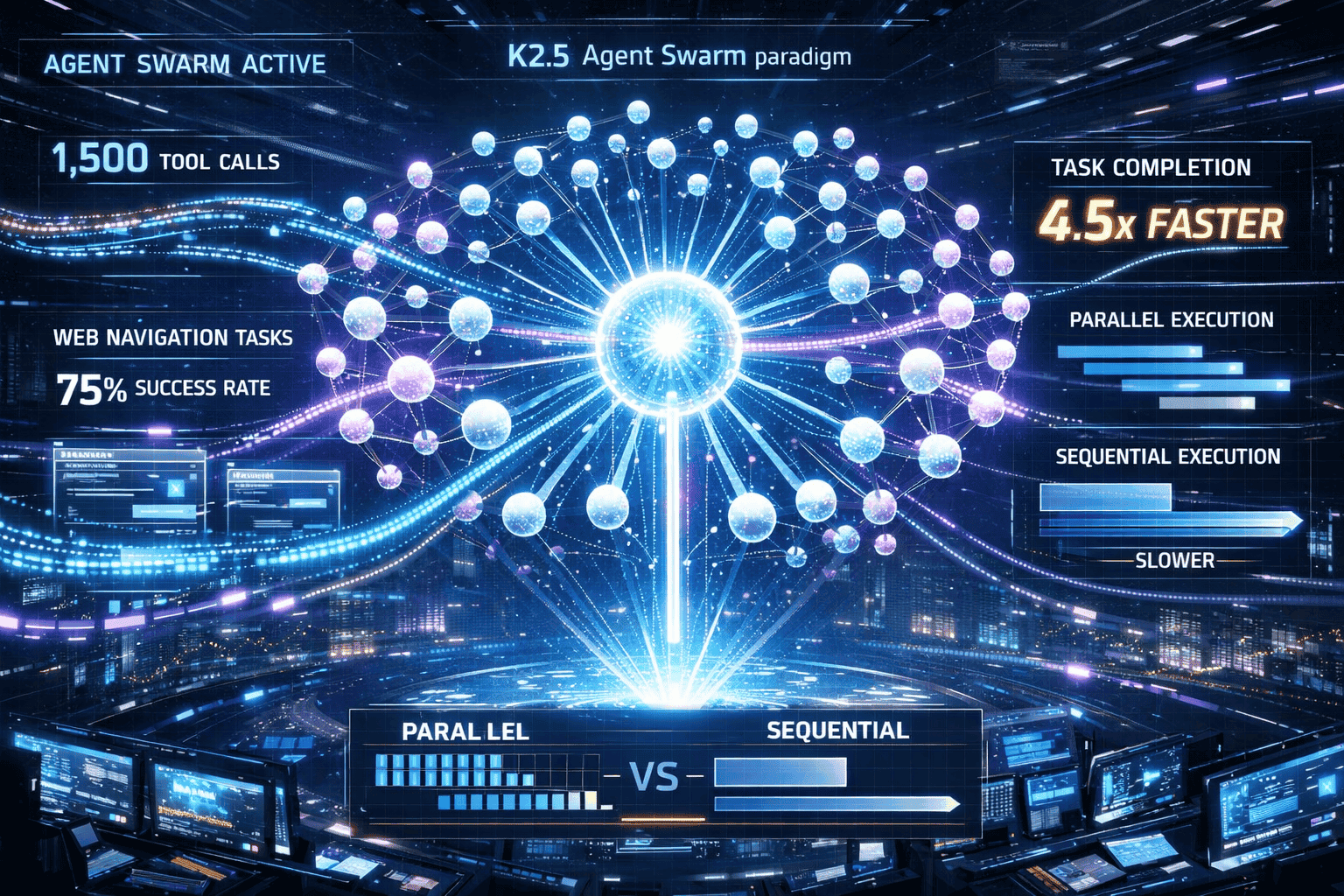 Detailed landscape format (1536x1024) agentic workflow visualization showing K2.5's Agent Swarm paradigm in action. Central orchestrator nod