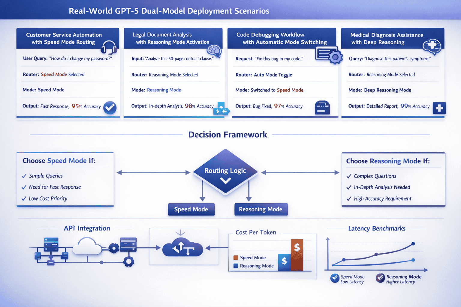Landscape format (1536x1024) enterprise workflow optimization diagram showing real-world GPT-5 dual-model deployment scenarios. Top section