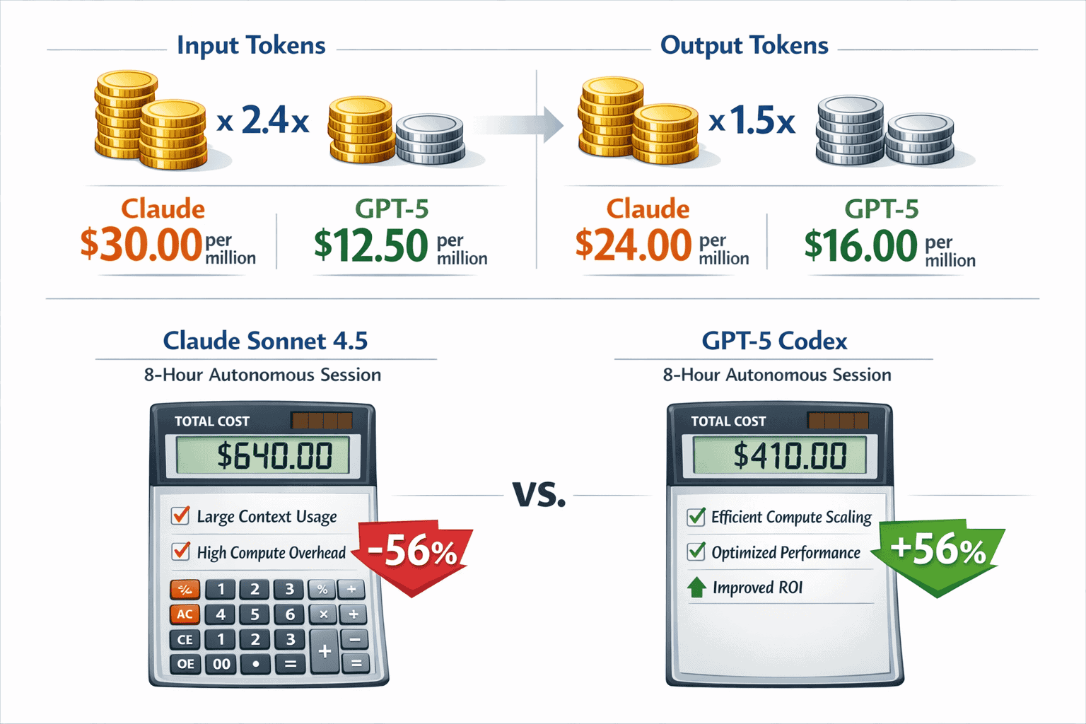 () cost analysis infographic comparing token pricing and total session costs. Split composition: top half shows per-token