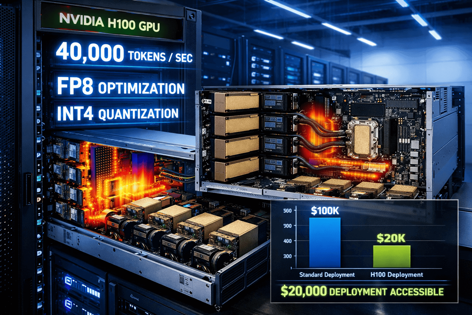 () hardware deployment scene showing NVIDIA H100 GPU server rack in modern data center, with graphics displaying performance