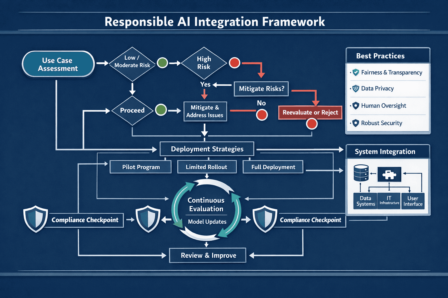 Landscape format (1536x1024) comprehensive decision framework visualization showing flowchart for responsible AI integration, starting point