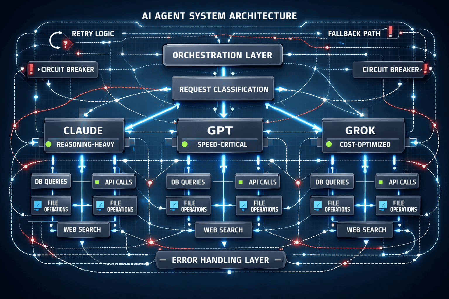 () architectural diagram illustrating production-ready AI agent system. Central orchestration layer with branching decision