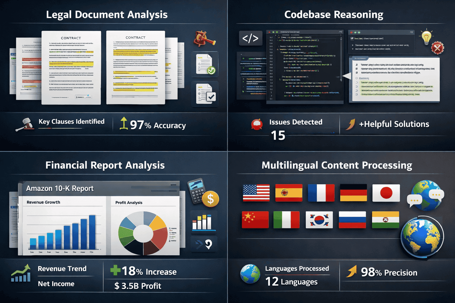 () real-world application showcase grid displaying four distinct use cases: top-left shows legal document analysis with