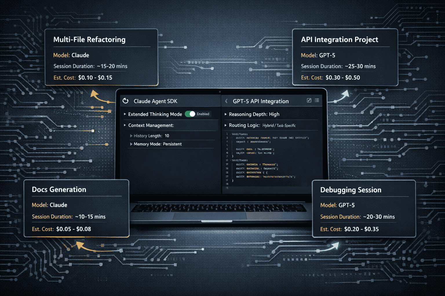 () practical implementation guide visualization showing developer workflow integration scenarios. Center displays laptop